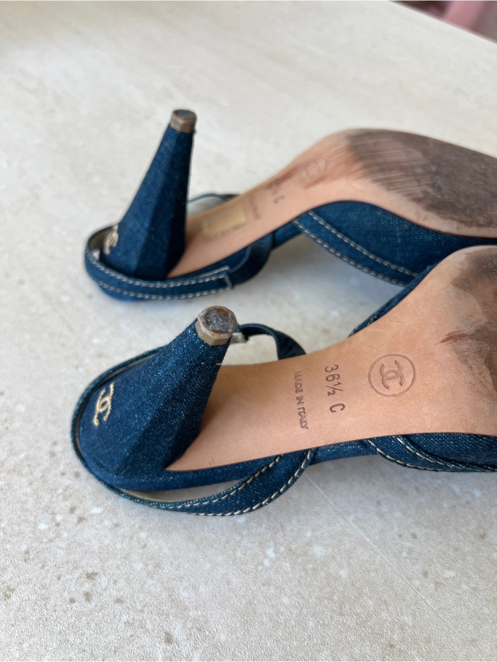 CHANEL Navy Denim Camellia Slingback Heels - Picture 7 of 9